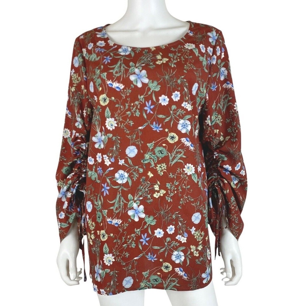 Entro Cinch Tie Sleeve Brown Floral Peasant Blouse